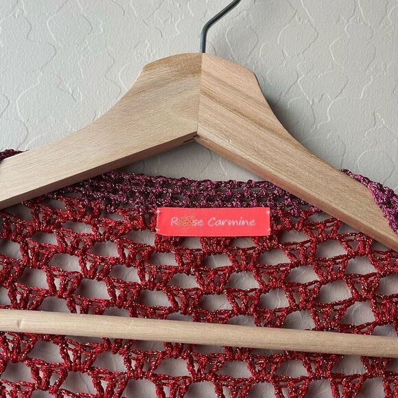 Rose Carmine Metallic Red Crochet Knit Colorblock Open Cardigan Sweater One Size - Picture 4 of 8